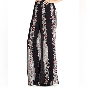 BCBGeneration Black Floral Wide Leg Pants Size L Boho Palazzo High Waist NWT $98